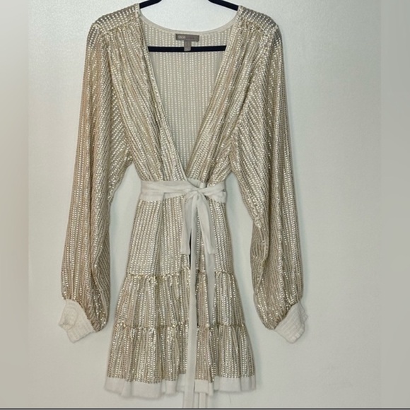 ASOS Champagne Gold/Platinum Metallic Sequins Belted Long Sleeve Wrap Dress - Picture 2 of 15